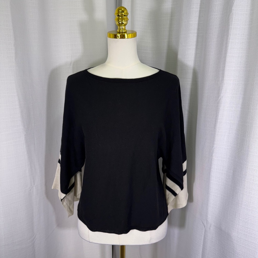 NEW Eileen Fisher Bateau Neck Top Petite S Black Silk Tencel Colorblock $238